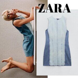 🦋 Bloggers Favorite 🦋 Zara TRF Patchwork Raw Edge Hem Denim‎ Dress Size M